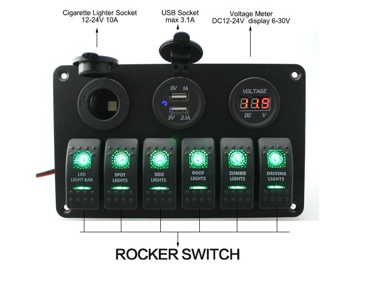 DC 12 V/24 V Car Marine Boat 6-Gang Waterproof Circuit Blue LED Rocker Switch Panel Breaker USB Charger Switches  Relays