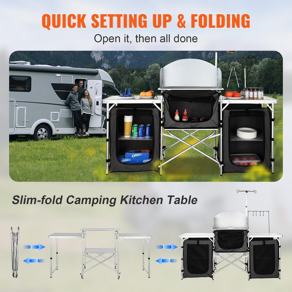 Camping Kitchen Table, Folding Outdoor Cooking Table with Storage Carrying Bag, Aluminum Cook Station 3 Cupboard & Detachable Windscreen, Quick Set-up