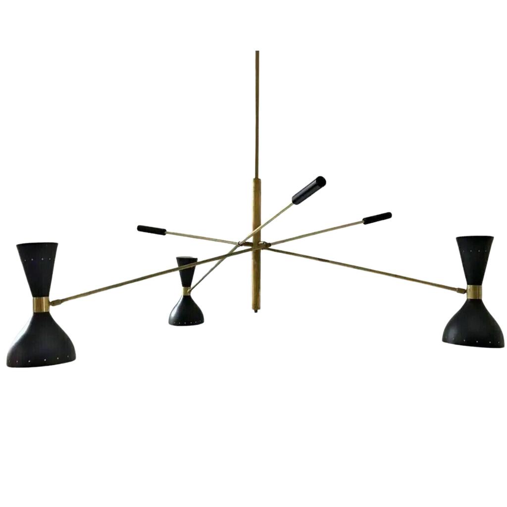 Elegant Black and Brass Adjustable Three-Arm Triennale Style Chandelier