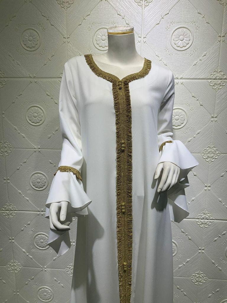 Muslimische Kleidung Malayischer Lotusblattärmel Besticktes Goldspitzenkleid für Damen
