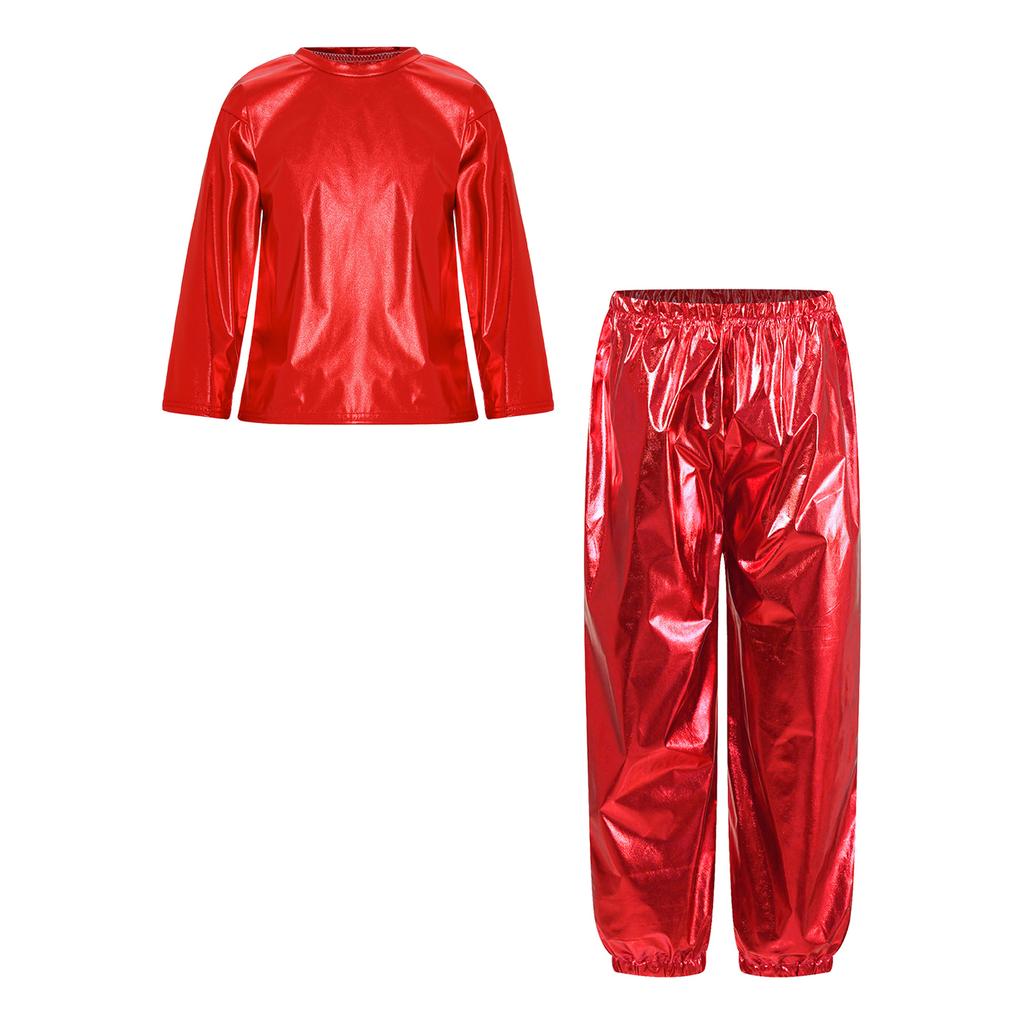 Girls Dance Party Outfit Metallic Shiny Long Sleeve Round Neck T Shirt with Performance Pants Set