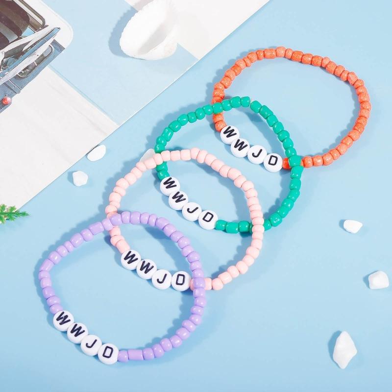 7PCS Colorful WWJD Bracelets Teen Girl Summer Beaded Bracelets Religious Stretch Bracelets What Would Jesus Do Bracelets