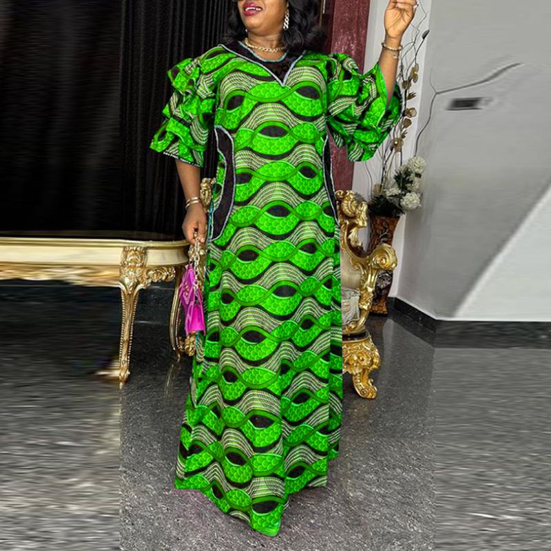 

Женские платья больших размеров с круглым вырезом, расклешенные, с коротким рукавом, с принтом 5XL зелёный
