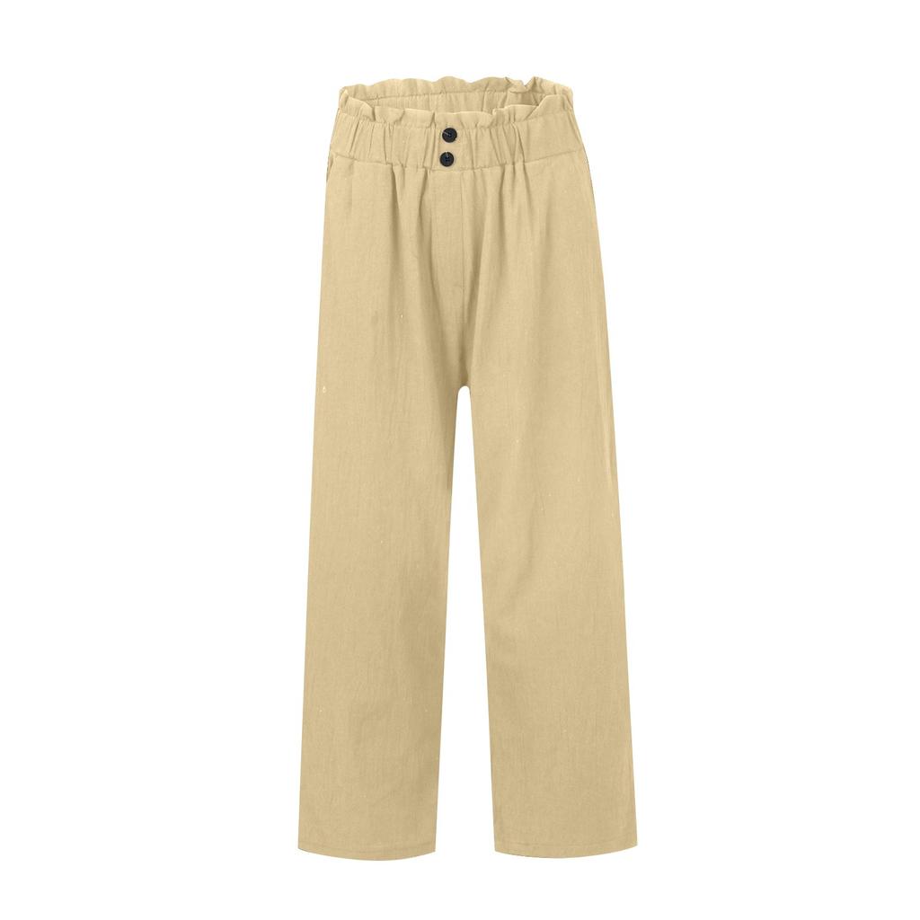 Women's Cotton And Linen Pants Color Loose Casual Elastic Waist Pocket Cropped Pants