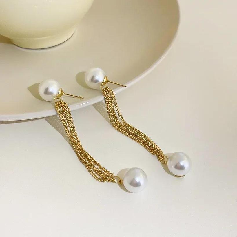 925 Silver Needle Pearl Metal Multi-layer Chain Earrings Korean Design Simple Lady Fan Earrings Fashion Earrings