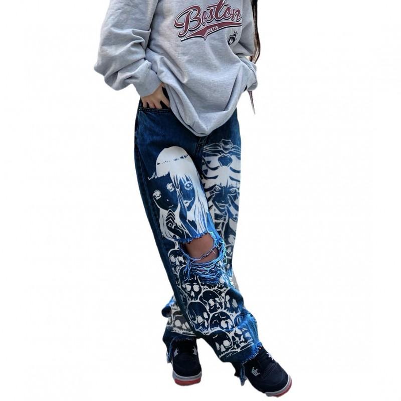Dámské džíny s vysokým pasem a širokými nohavicemi, roztrhané, dlouhé, Streetwear, džínové kalhoty, velikost S-3XL