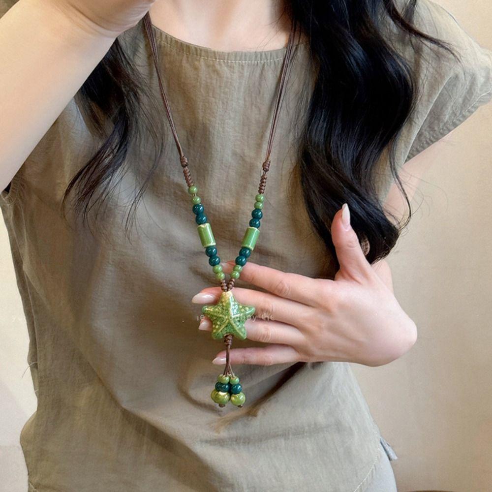 Tassel Long Sweater Chain Ceramic Bohemian Style Necklace Sweet Ethnic Style Necklace  Gift