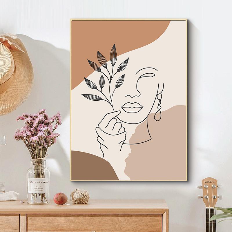 Nordic Bohemian Canvas Painting Vintage Minimalist Line Leaf Wall Art Geometric Prints For Modern Living Room Home Decor Unframed