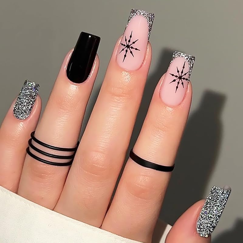 Christmas Press On Nails Medium Square Fake Nails with Gold Snowflake Christmas Tree Designs Xmas Red False Nail Acrylic Winter Snow Stick On Nail