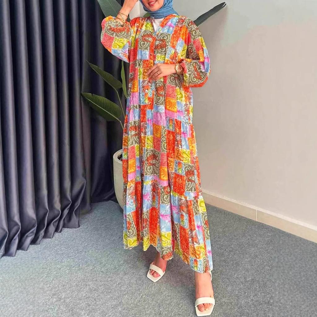 Women's long-sleeved V-neck bohemian print long dress