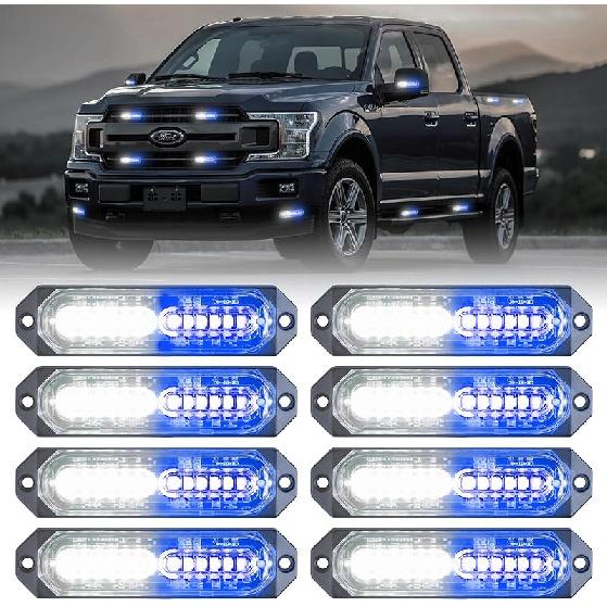 8Pcs Amber White Surface Mount Emergency Strobe Lights For Trucks, Ultra Slim Grille Warning Flashing Light Bar For Vehicles/Car