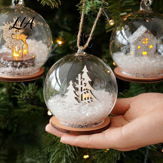 Lighted Christmas Tabletop Decor Glass Ball Ornament, LED Winter Snow Scene Wonderland Props Hanging Bauble with Reindeer Cabin for Tree Decorations
