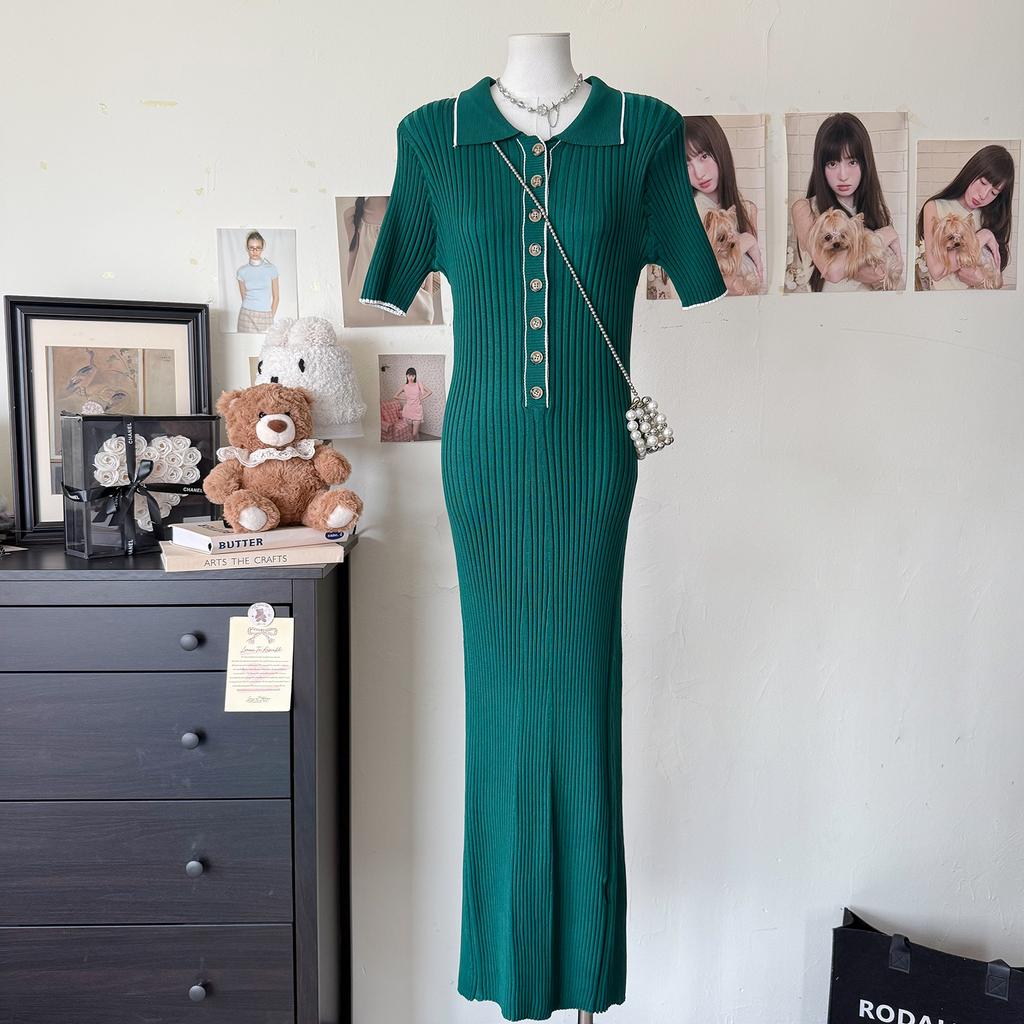 Short-sleeved Lapel Knitted Skirt Women's 2025 Summer and Autumn New Pit Strip Single-breasted Tight Mid-length Dress