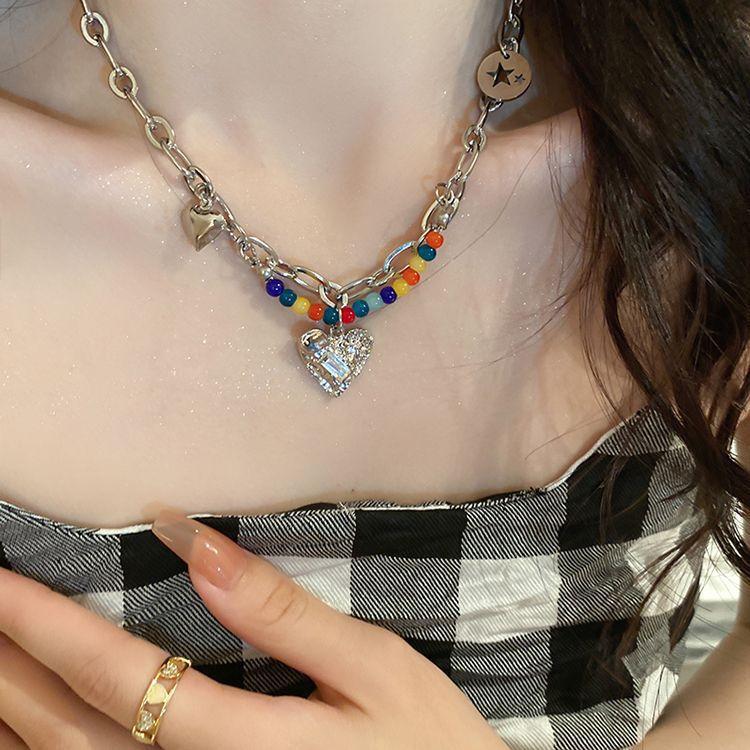 Sweet Cool Girl~ Color Beaded Love Necklace Women's ins Tide Niche Design Light Luxury Premium Versatile Clavicle Chain