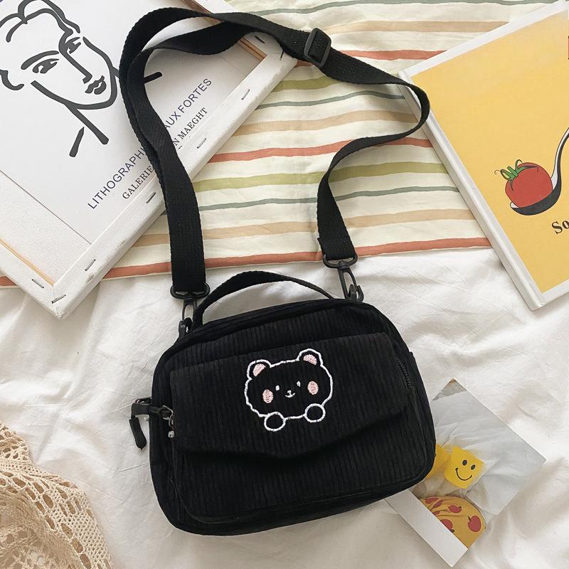Women Fashion Corduroy Cartoon Bear Print Shoulder Bag Student Girls Tote Messenger Bag Satchel Travel Handbags Canvas Small Bag