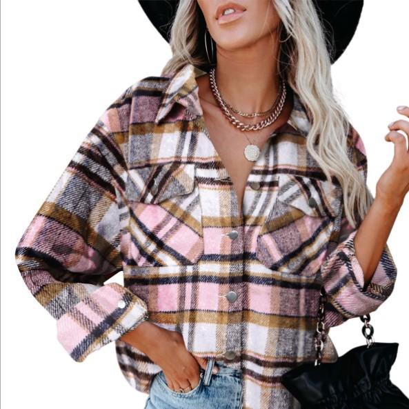 

Женская осенне-зимняя новая клетчатая рубашка шерстяное пальто с нагрудником L розовый