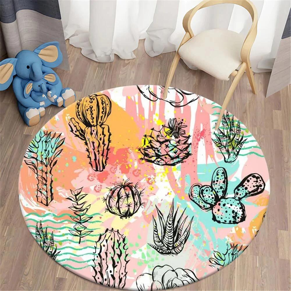 Watercolor Desert Cactus Floral Round Carpet Tropical Plants Round Rugs Floor Mat Living Room Bedroom Dorm Home Decor Chair Mat