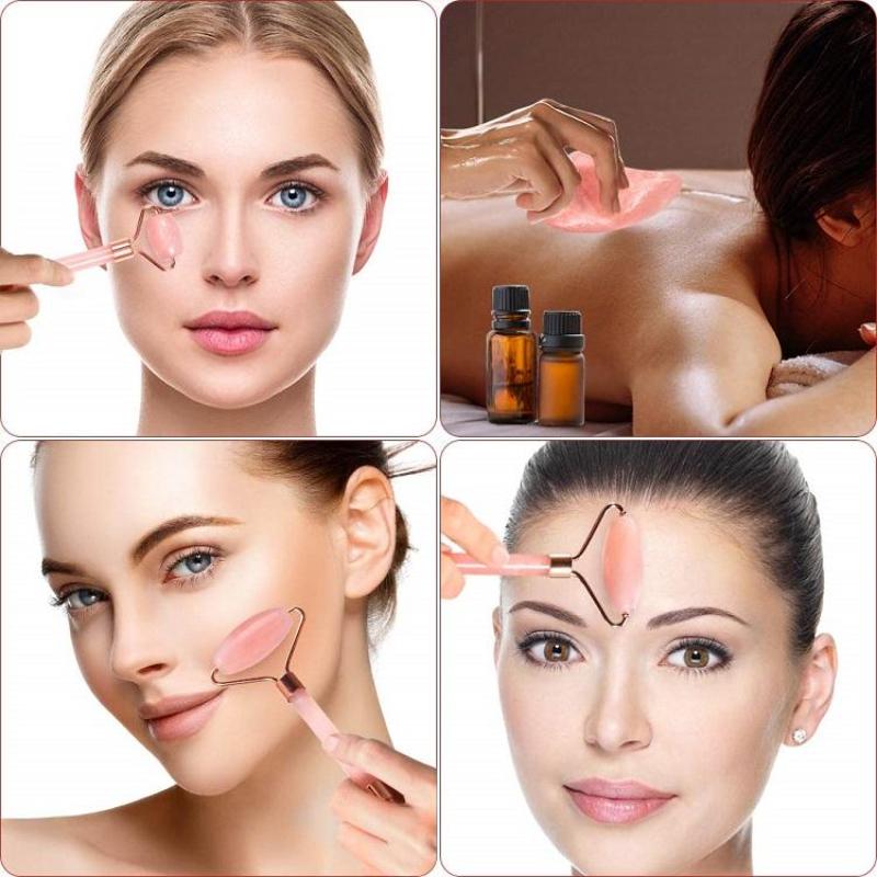 1Pc Pink Resin Jade Roller for Face - Jade Gua Sha Rose Quartz Face Roller for Aging Wrinkles and Puffiness Massage Set