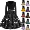 Women's Casual Vintage V Neck Dress with Halloween Print Long Sleeve Fit and Flare Knee Length Dress with Waist Tie Belt
