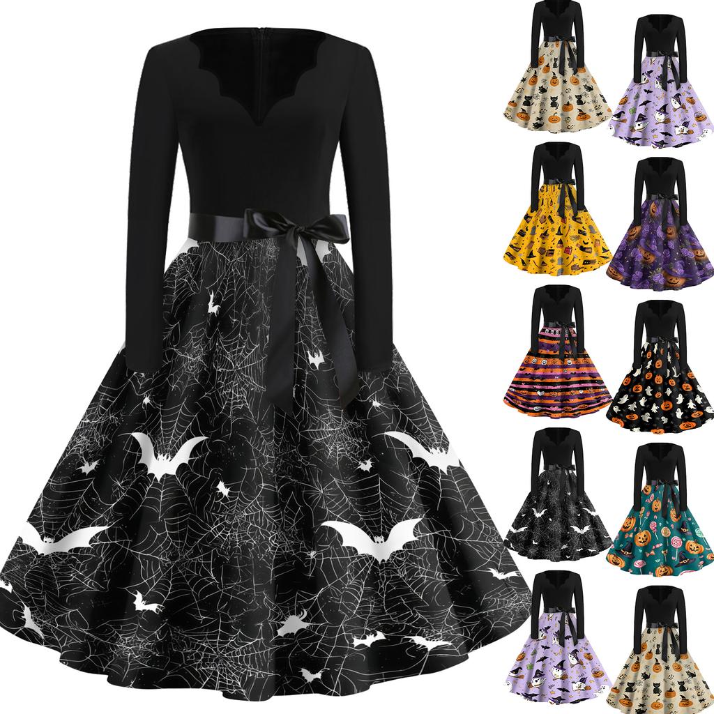 Women's Casual Vintage V Neck Dress with Halloween Print Long Sleeve Fit and Flare Knee Length Dress with Waist Tie Belt