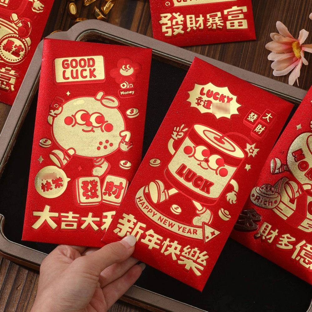 6pcs Blessings Printing Lucky Money Bag Solid HongBao Cartoon Red Packet Year of The Snake