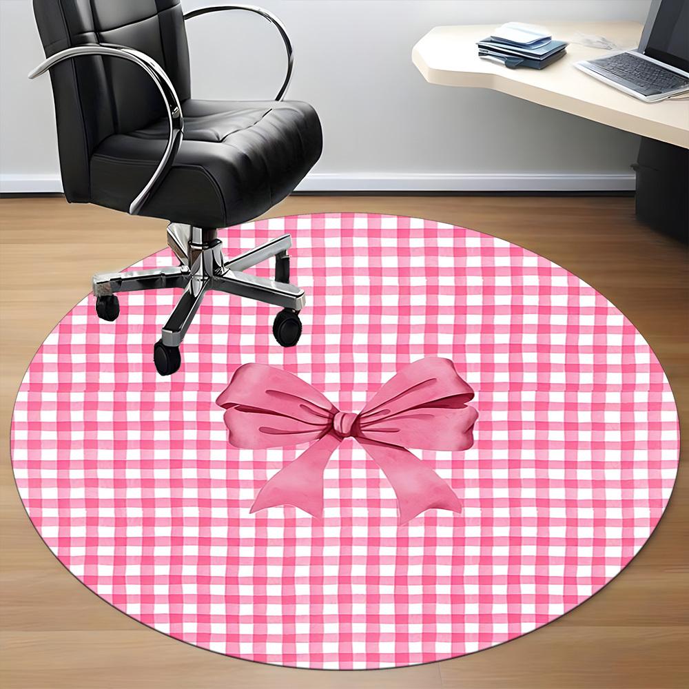1pc Pink Checkered BowChair Carpet for Office, Indoor Non-Slip Washable Polyester Fiber Carpet, Mat For Office, Machine Washable