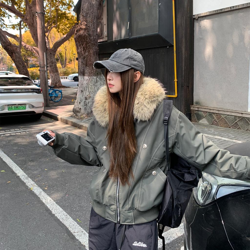 American retro big fur collar removable hooded jacket women's autumn and winter pie to overcome the trend of loose velvet and thicker short styles