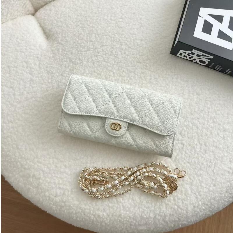 2026 New Caviar Patterned Cowhide Long Three Fold Wallet Hand-held Bag Chain Strap Crossbody Genuine Leather Women's