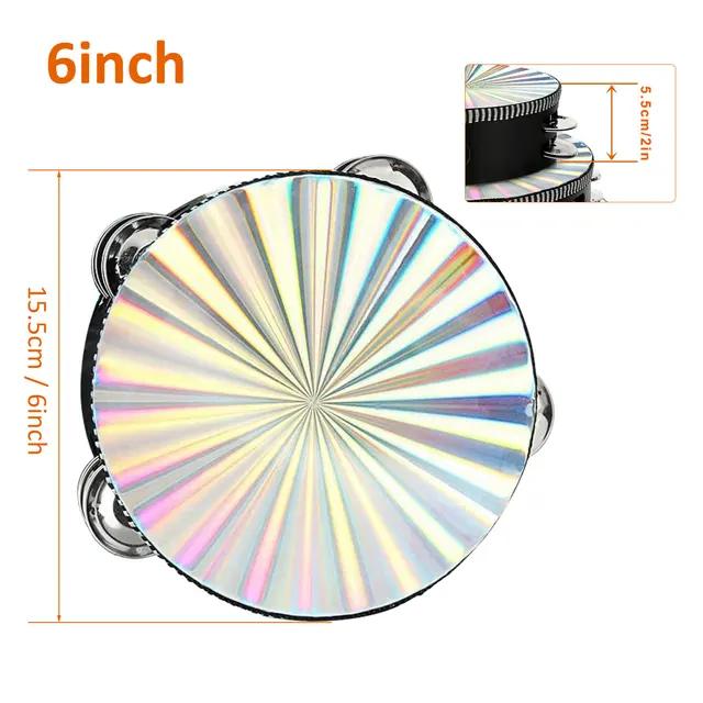 8/10 In Wooden Radiant Tambourine Handbell Hand Drum with Double Row Jingles Reflective Drum Head Musical Percussion Instrument