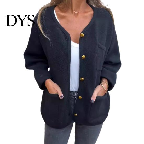 Round Neck Women Jacket Winter Single-breasted Cardigan Long Sleeves Outerwear with Pockets Warm Heat Retention OL Commuting Coat