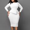 Elegant Office Lady Dress for Women O Neck Long Sleeve Package Hips Mid Calf Professional Business Work Dress Midi