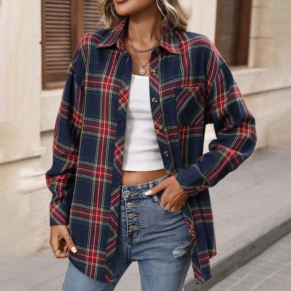 Women's Turn Down Collar Long Sleeve Flannel Oversized Casual Plaid Shirt Blouse