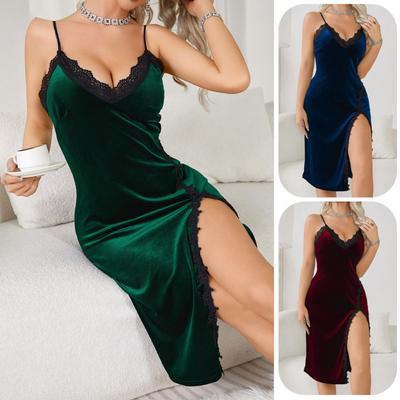 Pijama feminino sexy com decote em V profundo, camisola longa com suspensórios, renda de veludo, roupa de dormir sem costas sedutora