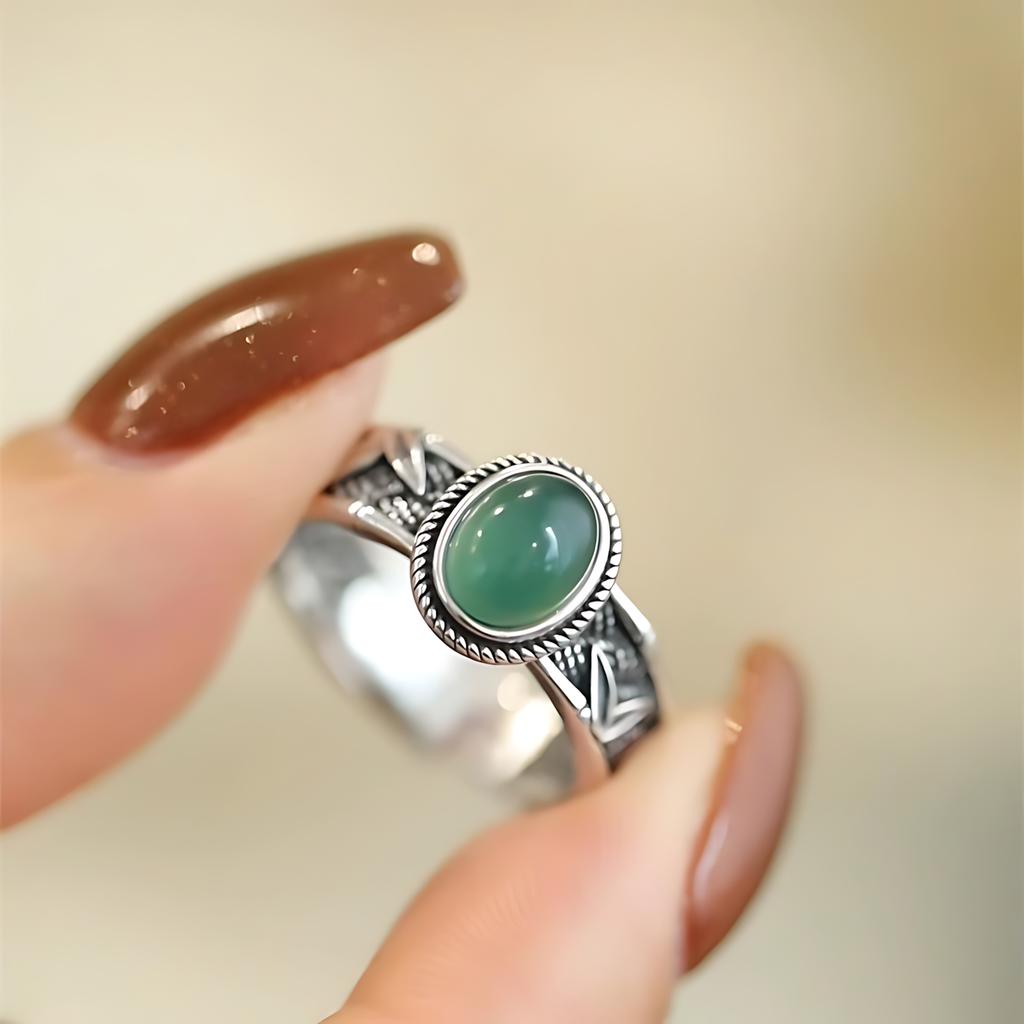 PANJBJ 925 Sterling Silver Hotan Jade Geometric Ring for Women Girl Adjustable Retro Delicate Jewelry Birthday Gift Dropshipping