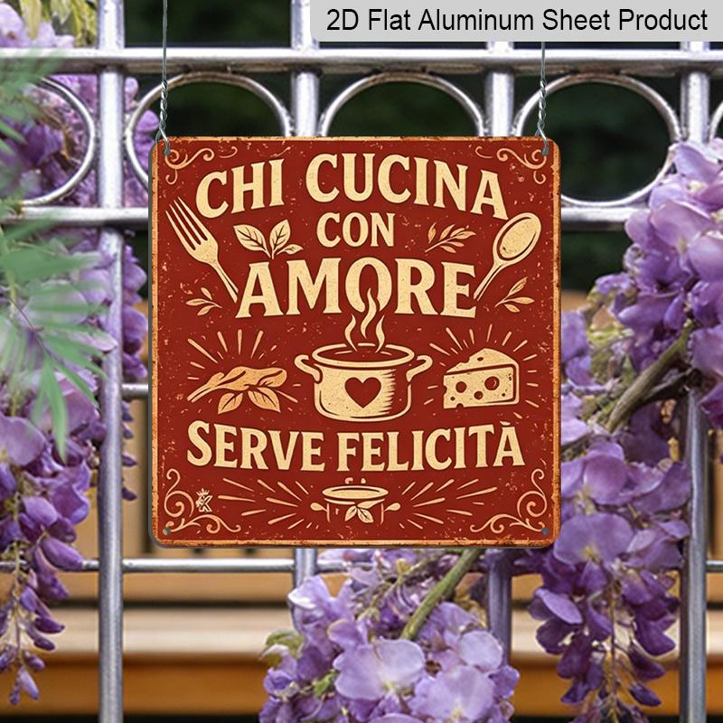 2D Flat, 1pc Italian Retro Metal Sign- Country Wall Art with Who Cooks with Love Will Be Happy- Frameless Home Decoration Kitchen, Garden, Cafe, Bar