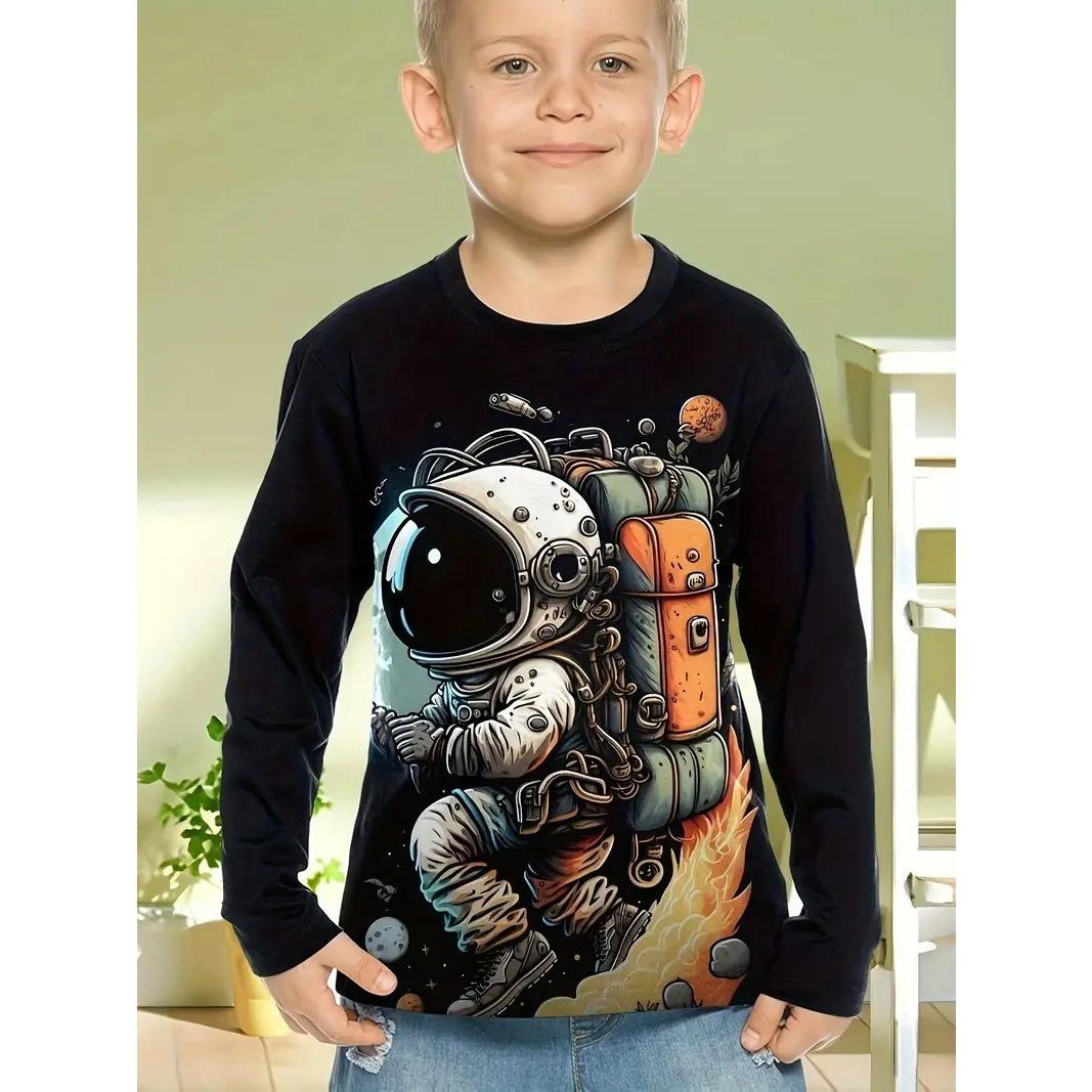 

Spring and Autumn Round Neck Astronaut Pattern 3D Printed Top Fashionable Casual Long Sleeved Children s Boy T-shirts 170