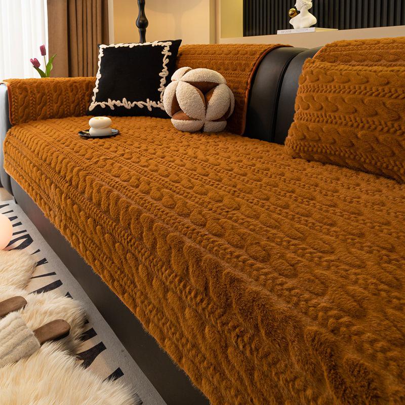 Herbst Winter Luxus Plüsch Rutschfeste Sofakissen – Dick, Modernes Design mit Geradliniger Lederreihe