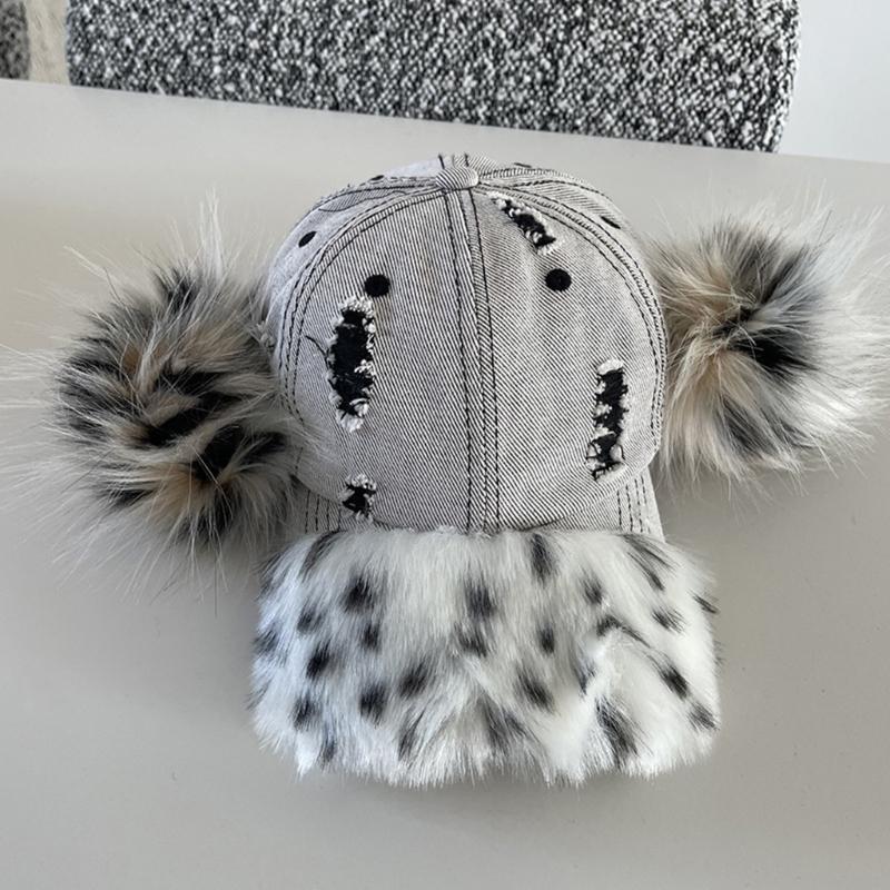 Fashionable Baseball Caps Unique Pompoms Furry Brim Dotted Pattern for Idol Concert Shows Stage Dance Headwear