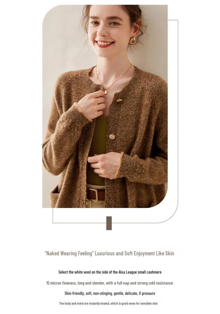 Women's Thickened Cashmere Cardigan - Autumn/Winter, Long Sleeve, Round Neck, Loose Fit, Single-Breasted Knitwear.