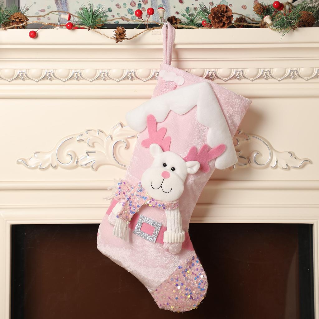 Christmas Stockings, Noel Pink Stockings Snowman, Reindeer, Santa Claus Navidad Decoration Family Holiday XMAS Party Decoration