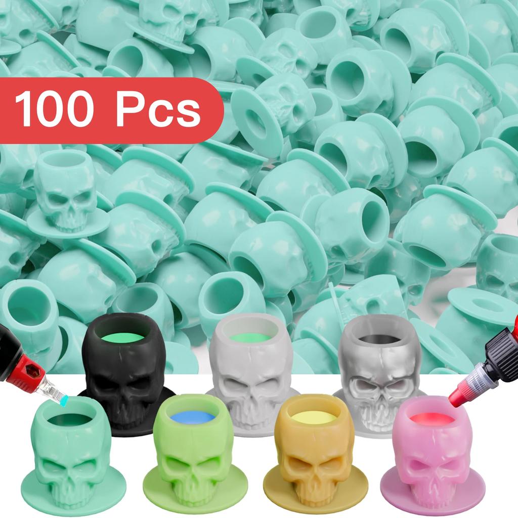100PCS Tattoo Ink Cup Skull Disposable Silicone Tape Base Plastic Permanent Makeup Tattoo Pigment Cup Tattoo Accessories