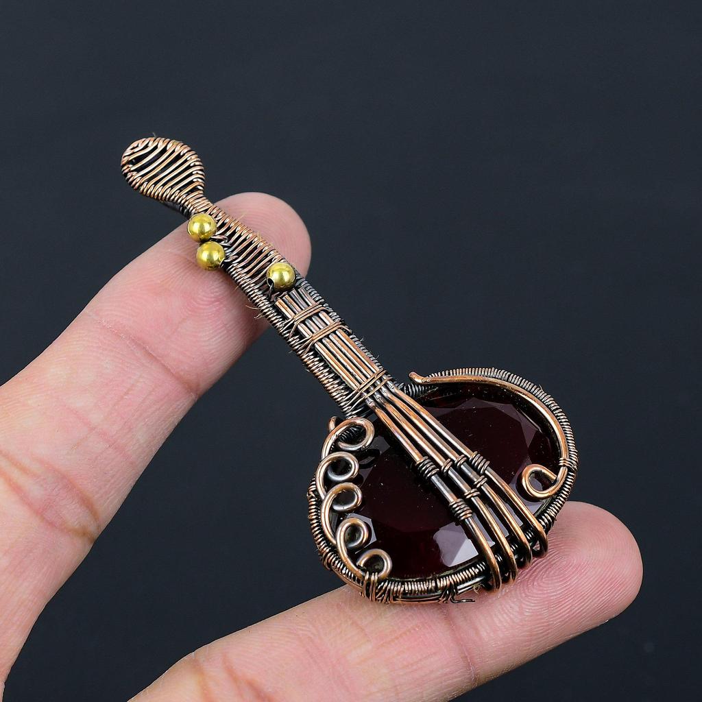 Unique Guitar Shaped Red Garnet Gemstone Pure Copper Wire Wrapped Handmade Pendant Jewelry