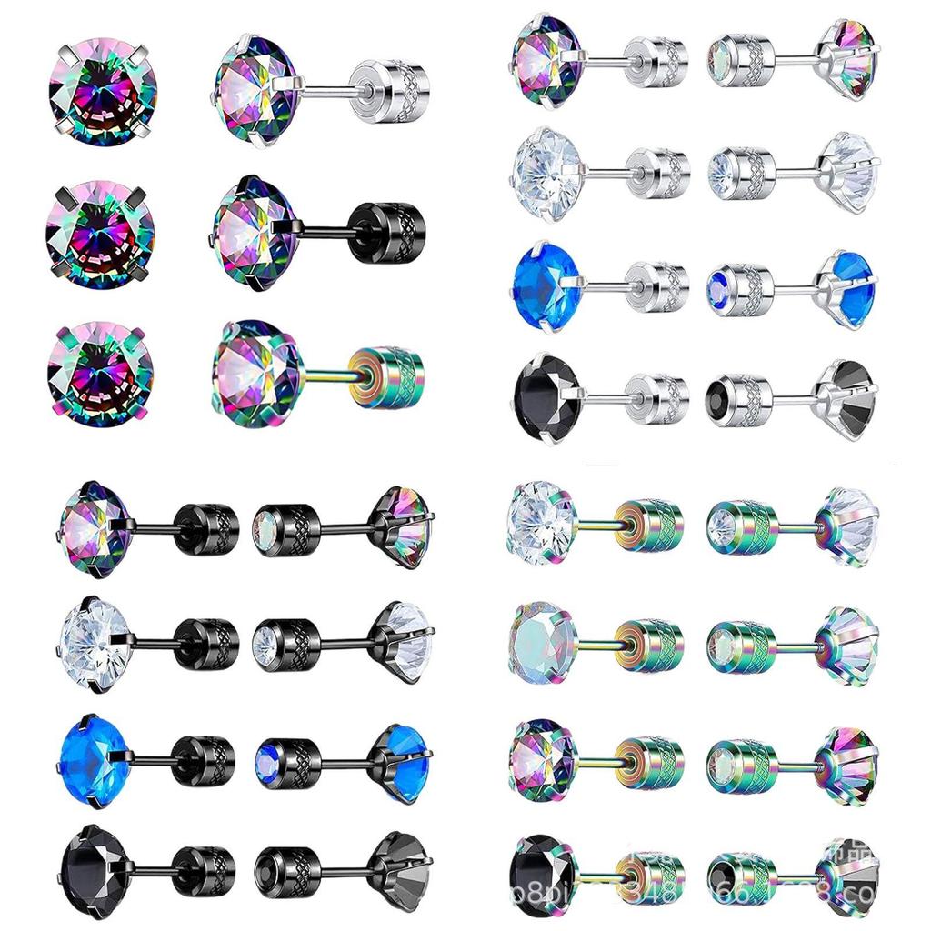 Four-Pair Set: Titanium Steel Double-Headed Zircon Stud Earrings for Men & Women