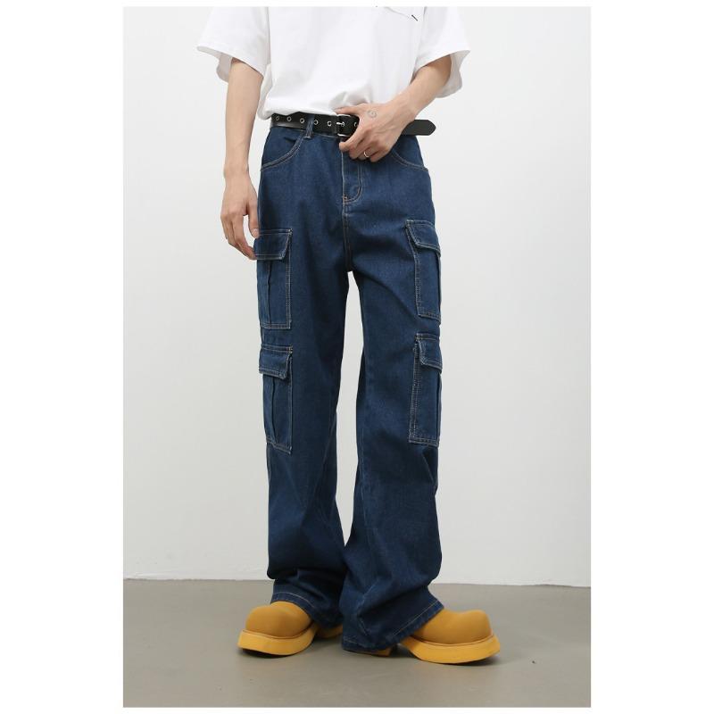 Pantaloni Lunghi Vintage Multi-tasche Jeans Lavati da Uomo High Street Larghi Dritti Pantaloni da Lavoro Jeans Dritti Larghi per Uomo alla Moda e Comodi