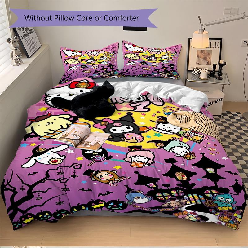 3pcs Halloween Sanrio Character Design Bedding Set 1 Soft Quilt Cover + 2 Pillowcases, Machine Washable Suitable for All Seasons, Perfect Gift W028