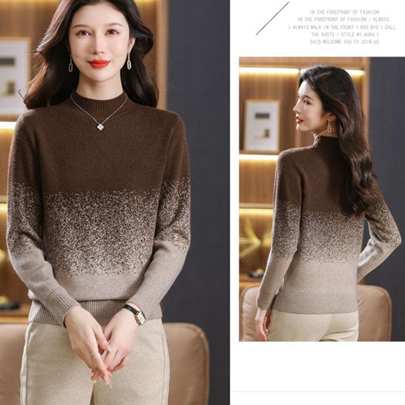 Women's Crew Neck Sweater Autumn and Winter Gradient Knit Pullover Loose Thick Knit Top