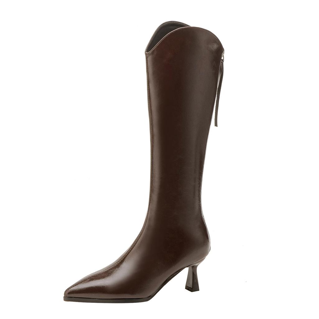 High-heeled Boots Boots Women's 2025 New Pointed-toed Thin-heeled Brown Boots V-mouth But Knee-high Knight Boots
