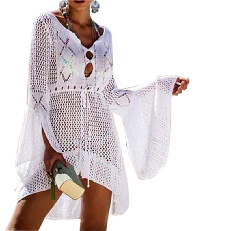 2020 Sexy Hollow Out Pletené Přední Krátká Zadní Dlouhé Letní Plážové Šaty Dámské Plážové Oblečení Háčkovaná Tunika