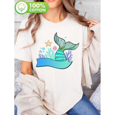 Damen Tropical Meerjungfrauenschwanz Korallenriff Druck T-Shirt, Kurzarm Rundhals Lässiges Oberteil, Sommer & Frühling Strandkleidung