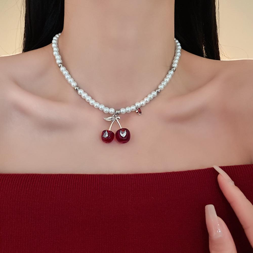 Pendant Cherry Necklace Heart Crystal Ear Studs Exquisite Cherry Jewelry Set  Gift